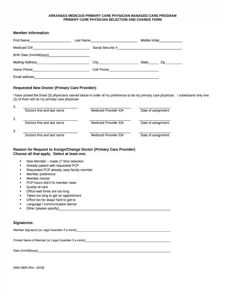 Form DMS-2609 - Primary Care Physician Selection and Change Form Preview on Page 1