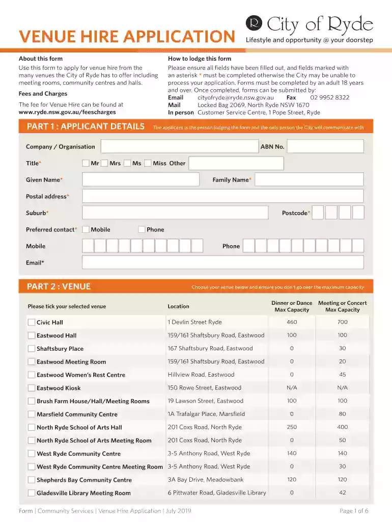 Use this form to apply for venue hire from the Preview on Page 1