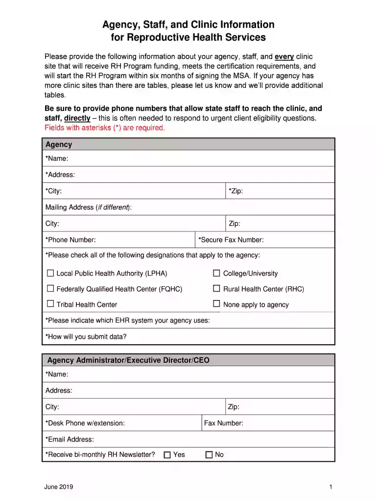 Agency, Staff, and Clinic Information for Reproductive Health Services Preview on Page 1