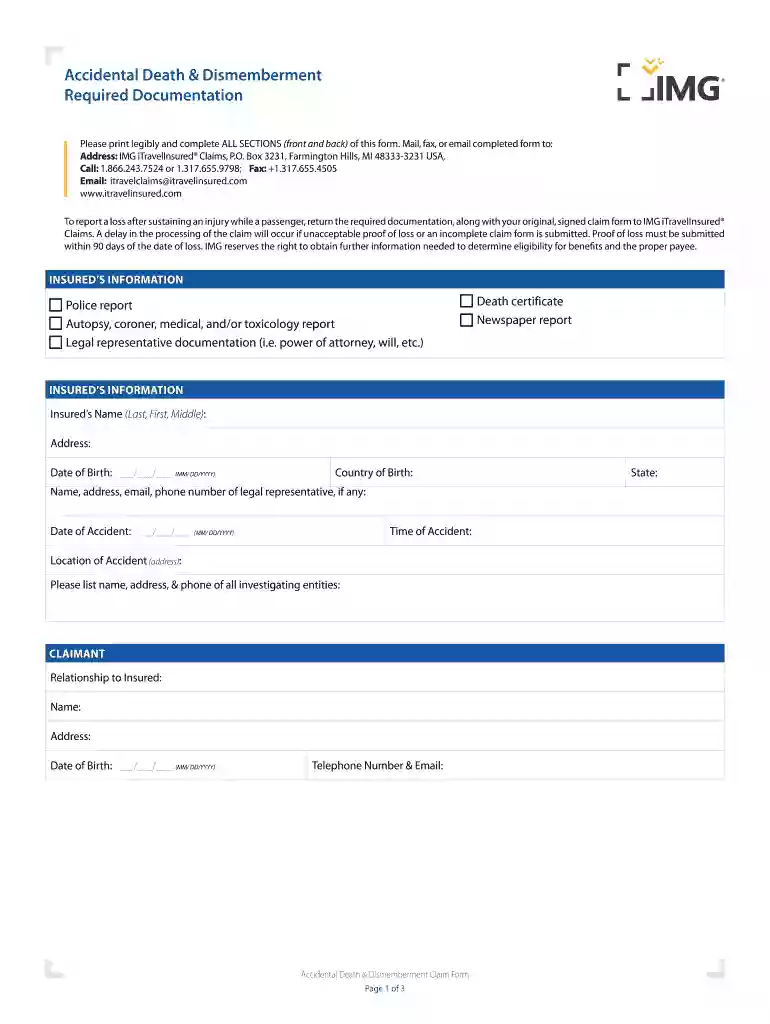 Accidental Death & Dismemberment Required Documentation Preview on Page 1