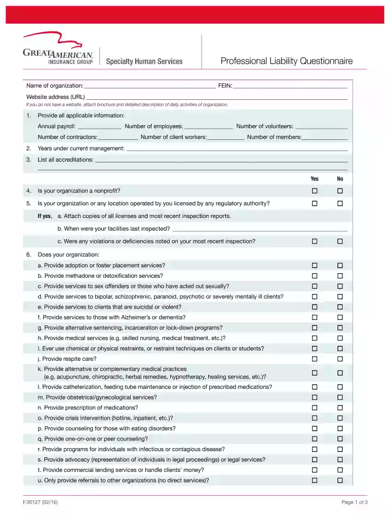 professional liability questionnaire Preview on Page 1