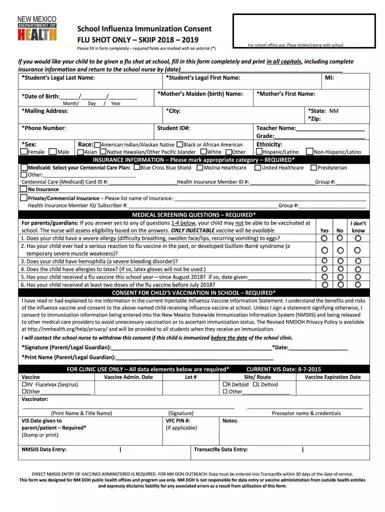 2018 Influenza Vaccine Consent FormMust be returned to Preview on Page 1