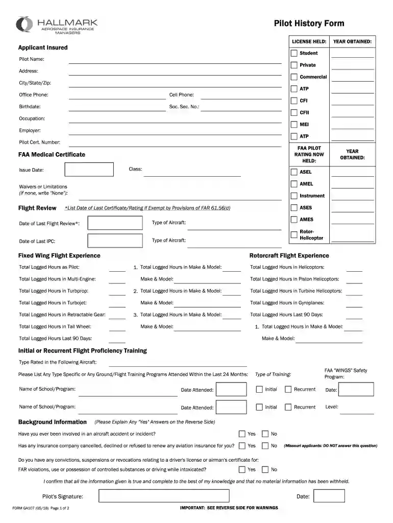 pilot history form Preview on Page 1