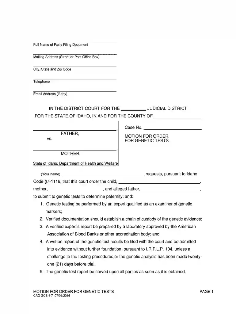 CAO GCS 4-7 Motion for Genetic Tests (H&W) Preview on Page 1