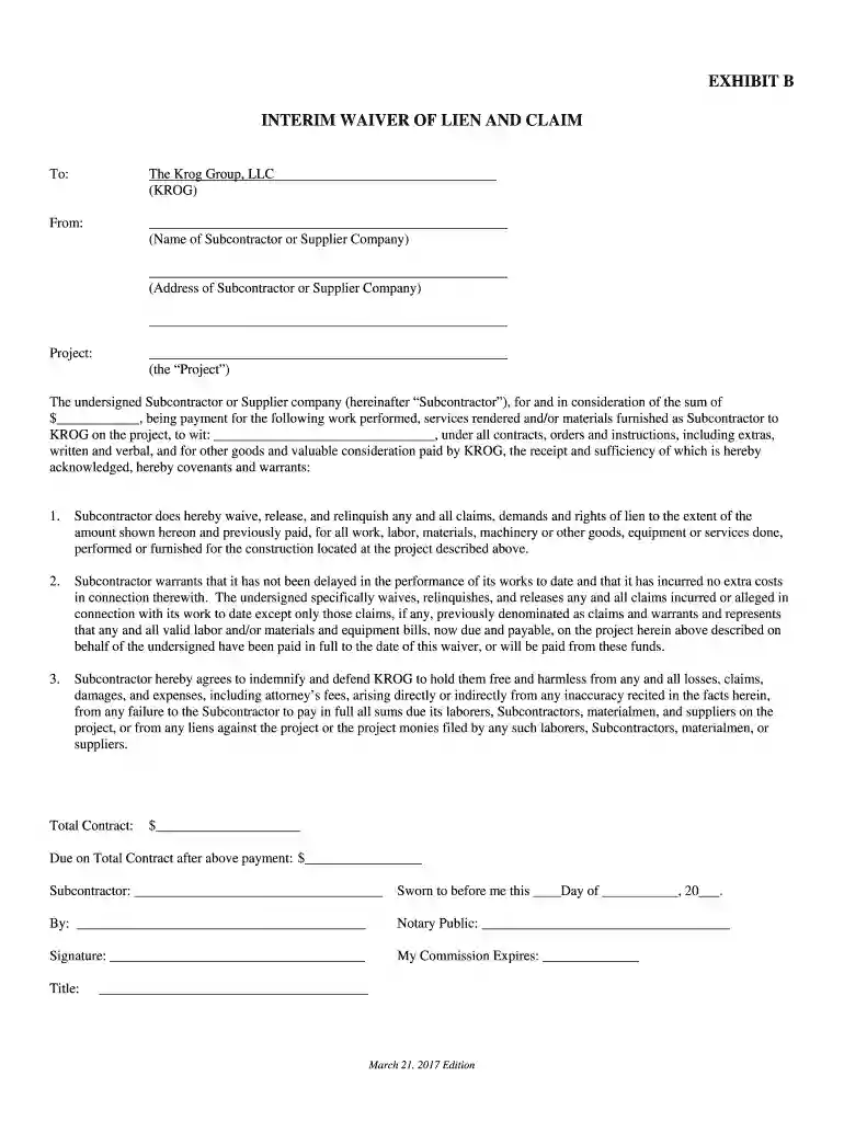 INTERIM WAIVER OF LIEN AND CLAIM Preview on Page 1