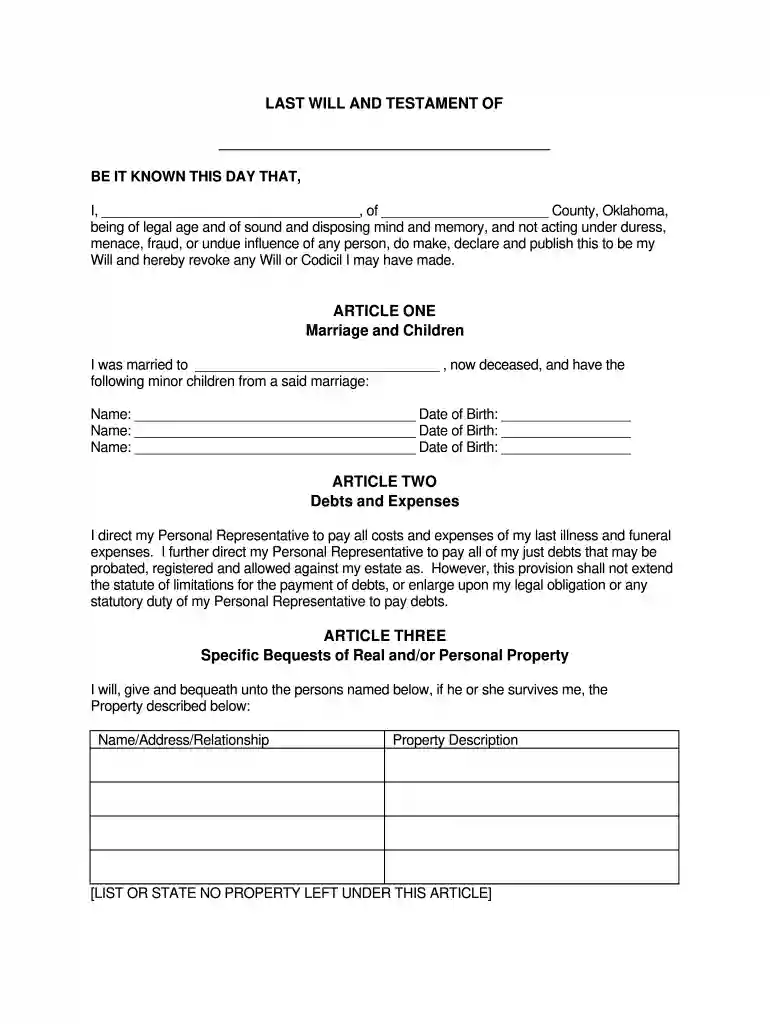 last will and testament template oklahoma Preview on Page 1