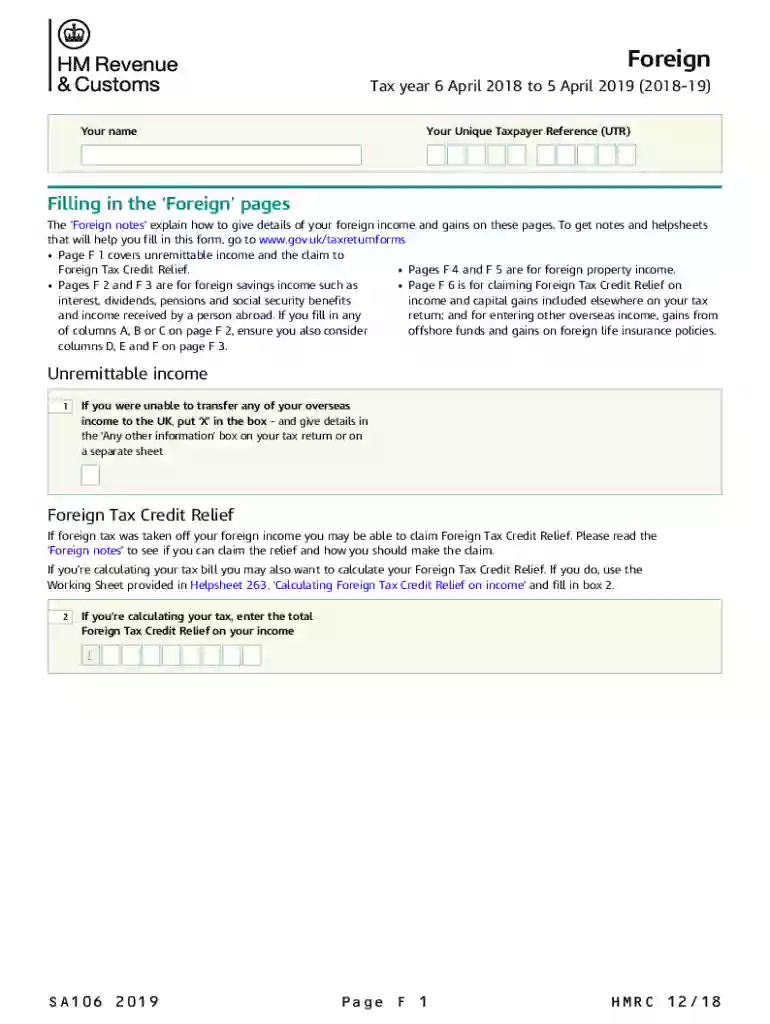 Foreign (2019) Use the SA106(2019) supplementary pages to declare foreign income and gains and claim Preview on Page 1