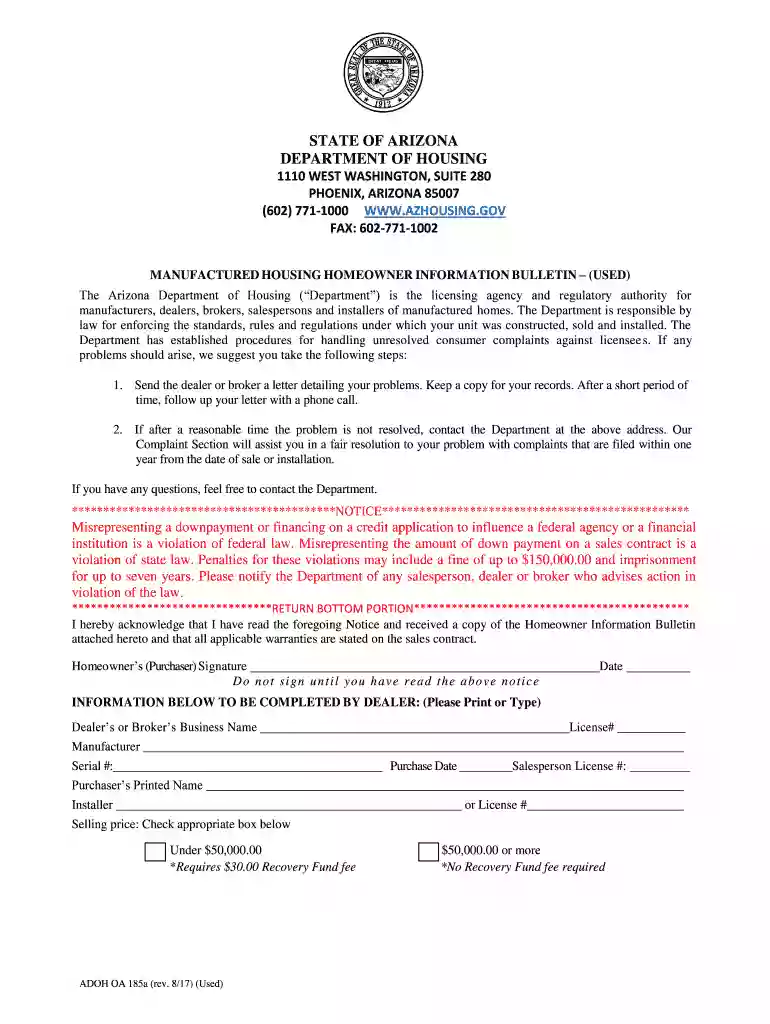 Homeowner Information Bulletin - Arizona Department of Preview on Page 1