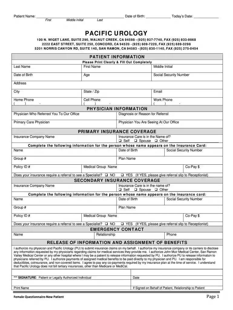 NEW PATIENT PACKET- FEMALE Pacific Urology Preview on Page 1
