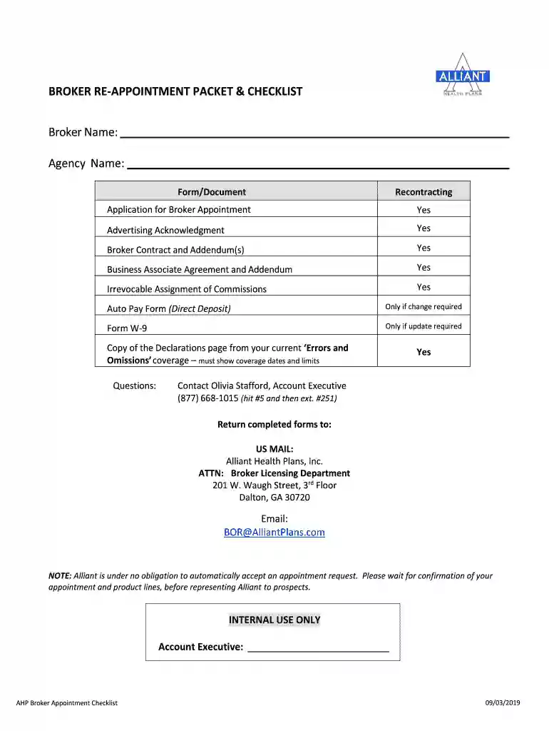 BROKER RE-APPOINTMENT PACKET & CHECKLIST Preview on Page 1