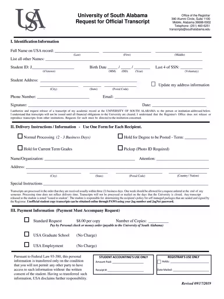 university of south alabama transcript request Preview on Page 1