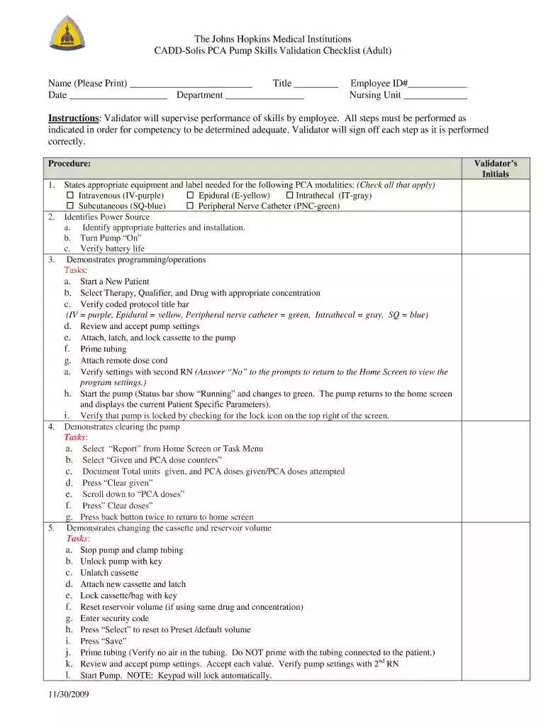 CADD-Solis PCA Pump Skills Validation Checklist (Adult) Preview on Page 1