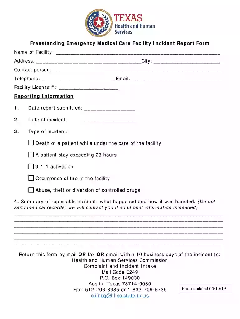 Freestanding Emergency Medical Care Facility Incident Report Form Preview on Page 1