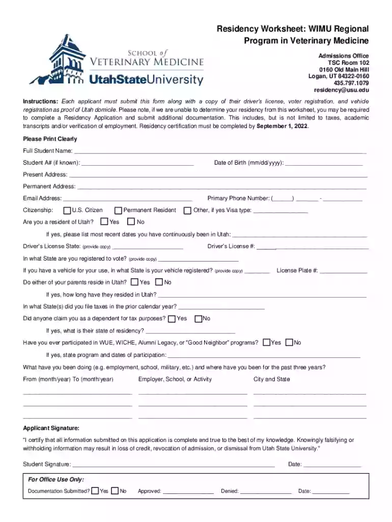 Residency Worksheet: WIMU Regional Program in Veterinary Preview on Page 1