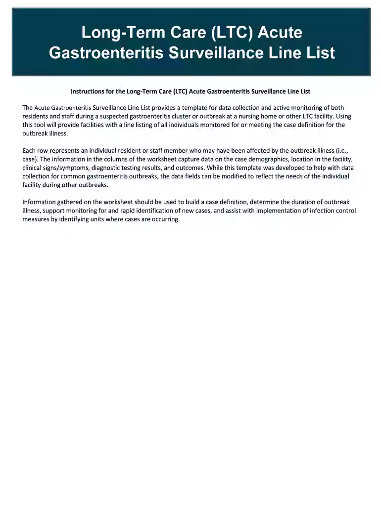 Long-Term Care Acute Gastroenteritis Surveillance Line List and Outbreak Summary Preview on Page 1