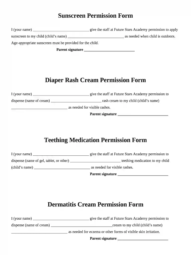 Diaper Rash Cream Permission Form Preview on Page 1