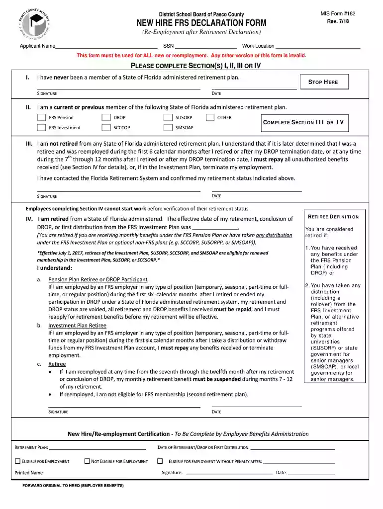 District School Board of Pasco County MIS Form #162 NEW Preview on Page 1