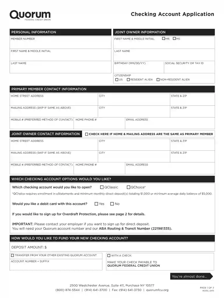 checking account application Preview on Page 1