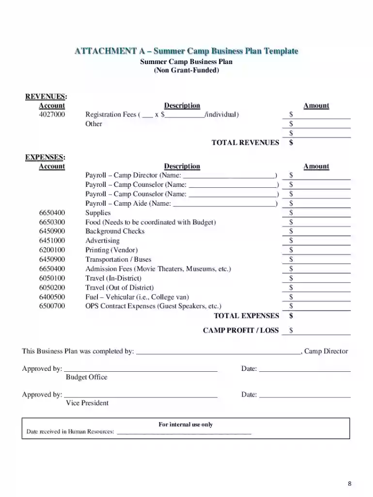 summer camp budget template Preview on Page 1