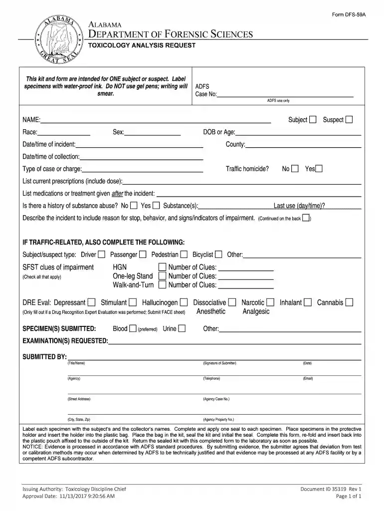 Toxicological Analysis Request Form DFS-59 - DUI Preview on Page 1