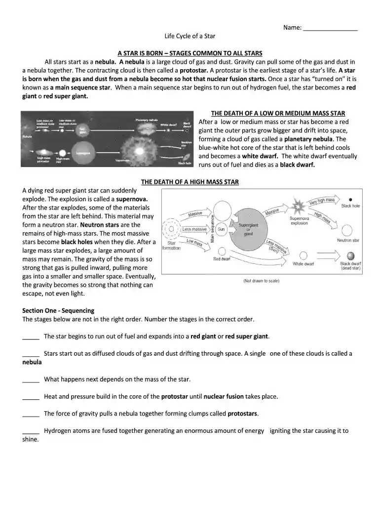 life cycle of a star worksheet pdf answers Preview on Page 1