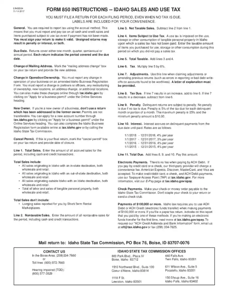 Idaho Sales and Use Tax Form 850 Preview on Page 1