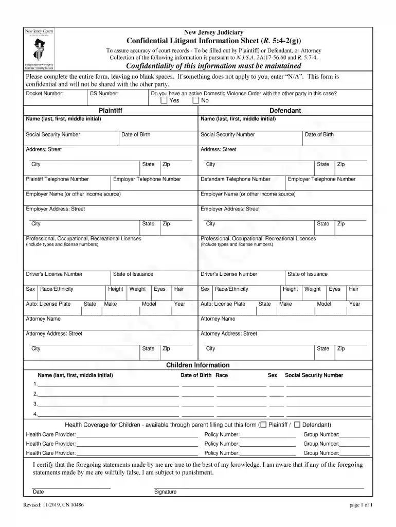 confidential litigant information sheet Preview on Page 1