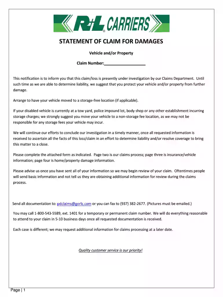 car damage claim letter sample Preview on Page 1