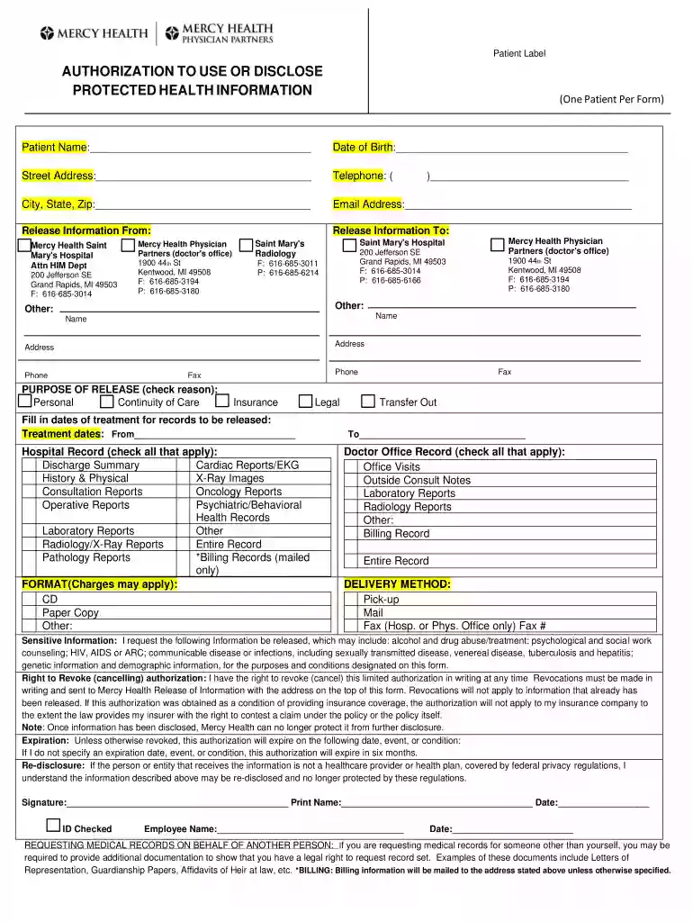 mercy health authorization form Preview on Page 1