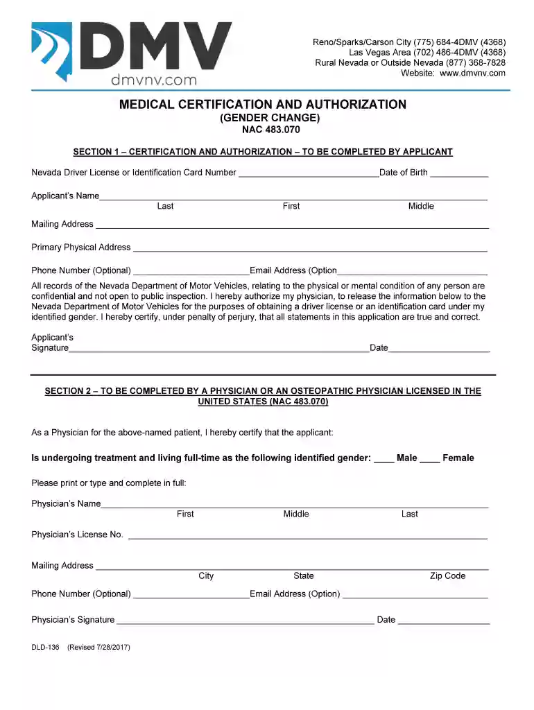 DLD 136 - Gender Change Medical Certification and Authorization Preview on Page 1