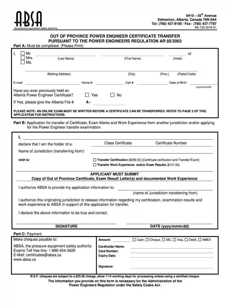 AB-130 Out of Province Power Engineer Certificate Transfer Application (D0040804-14) DOC wdNOSTAMP Preview on Page 1
