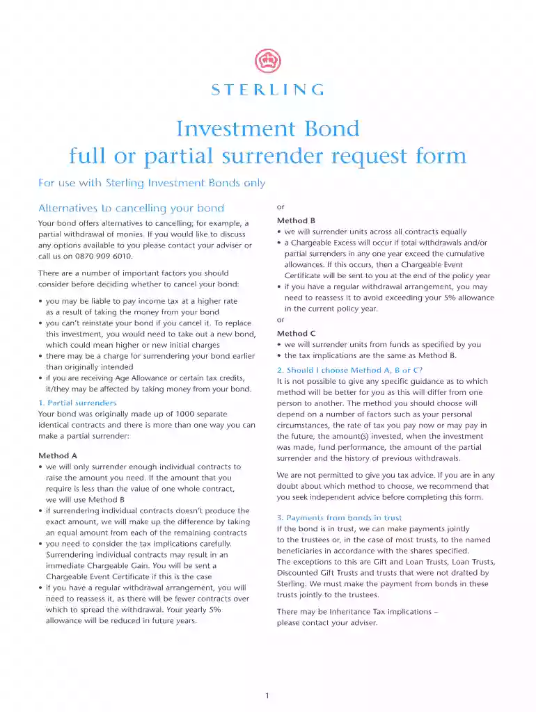 sterling investment bond surrender form Preview on Page 1