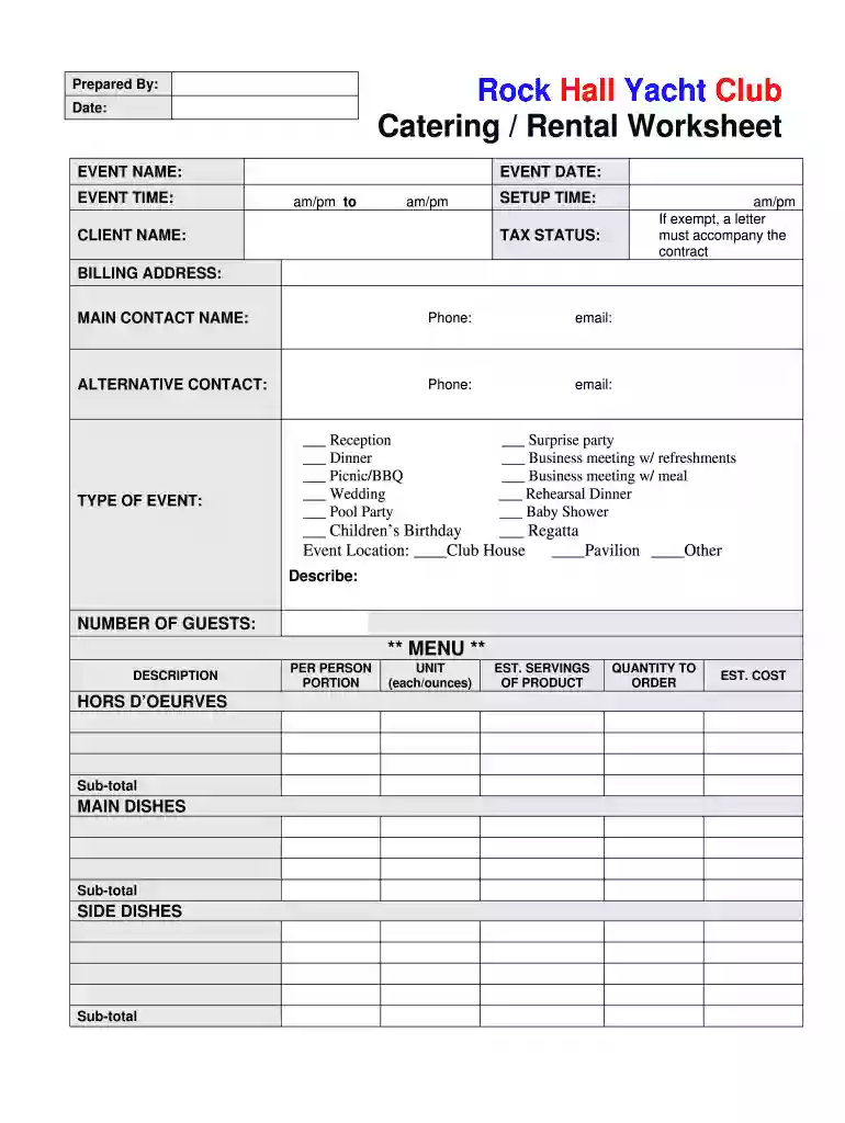 catering worksheet Preview on Page 1