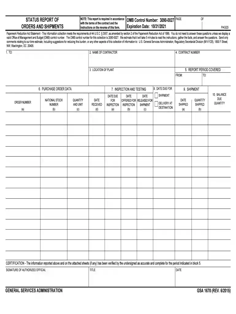 Status Report of Orders and ShipmentsGSA Preview on Page 1