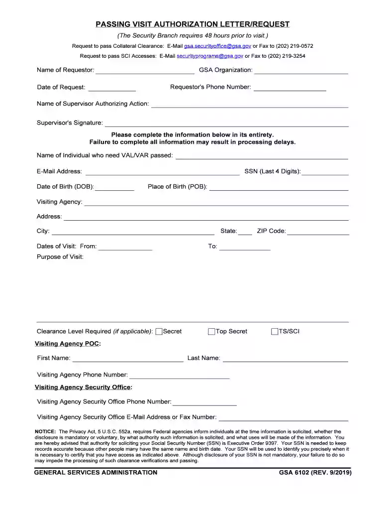 passing visit authorization letter request - GSA Preview on Page 1