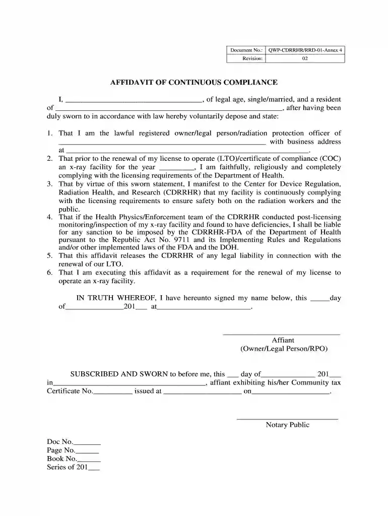 affidavit of continuous compliance Preview on Page 1