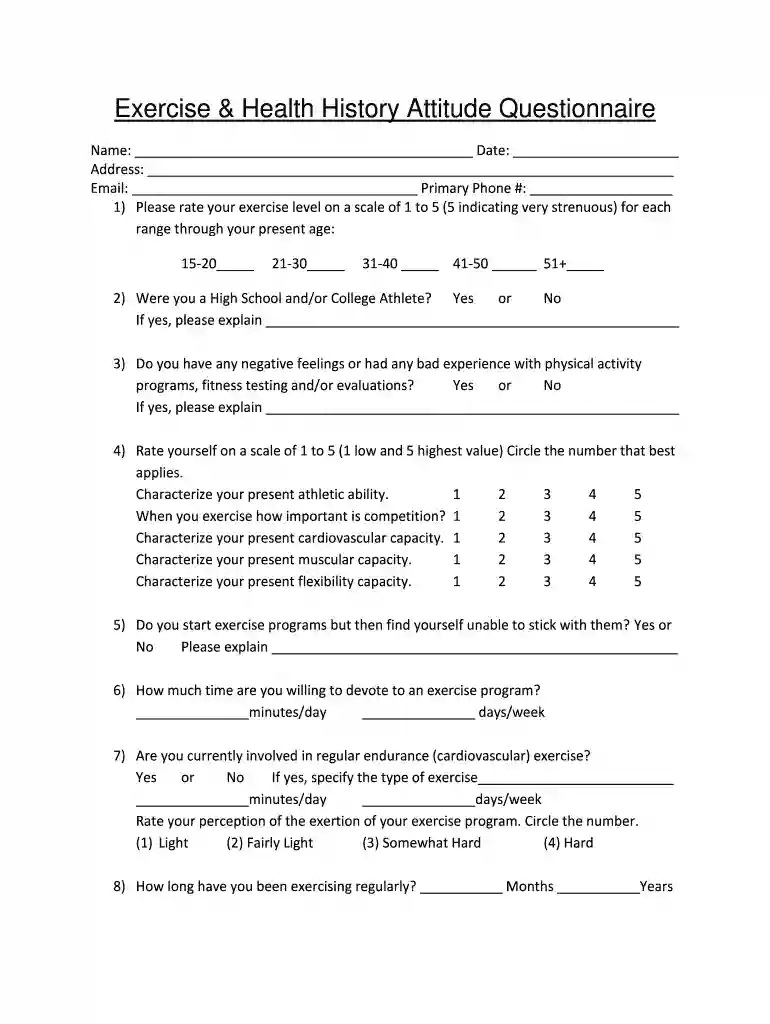 Exercise History & Attitude Questionnaire - Balance Personal ... Preview on Page 1