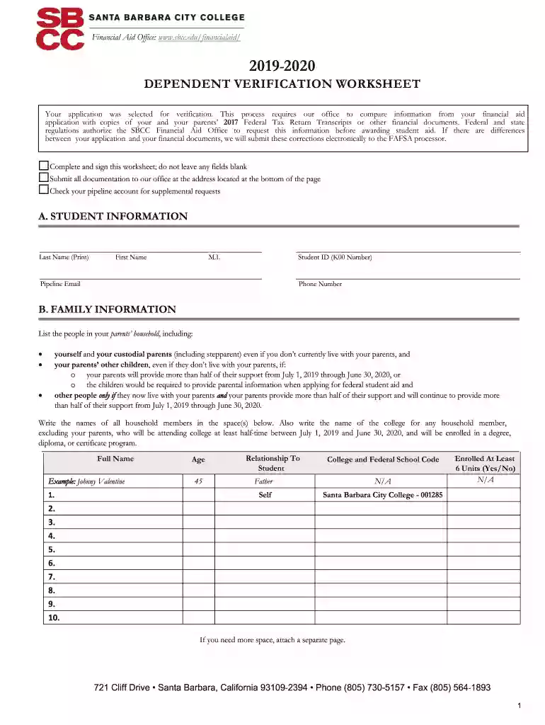 2019 SBCC Dependent Verification Worksheet Preview on Page 1
