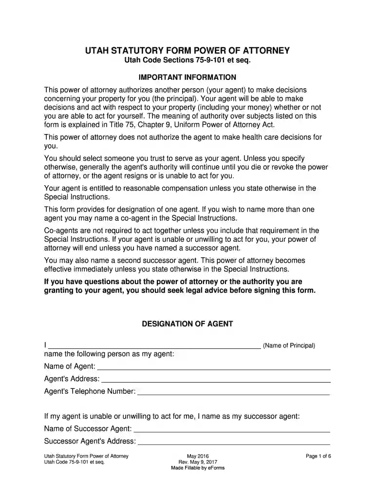 Utah Statutory Durable Power of Attorney Form Preview on Page 1
