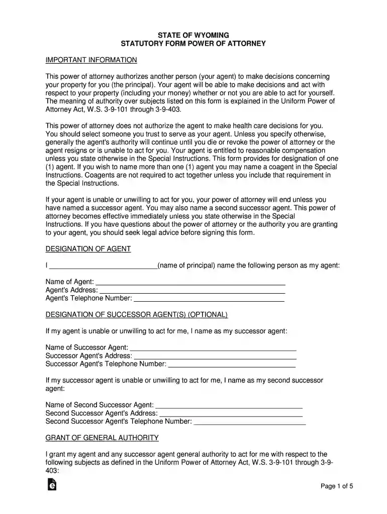 Free Wyoming Power Of Attorney FormsPDF Templates Preview on Page 1
