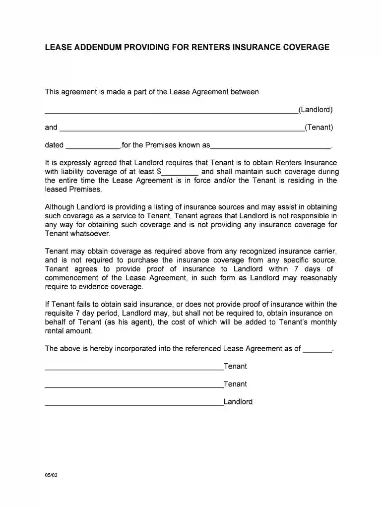 renters insurance addendum template Preview on Page 1