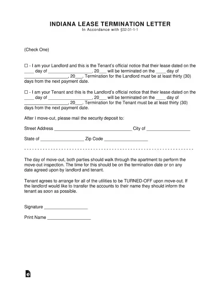 indiana lease termination letter Preview on Page 1