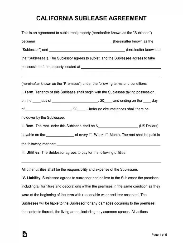 sublease agreement california Preview on Page 1