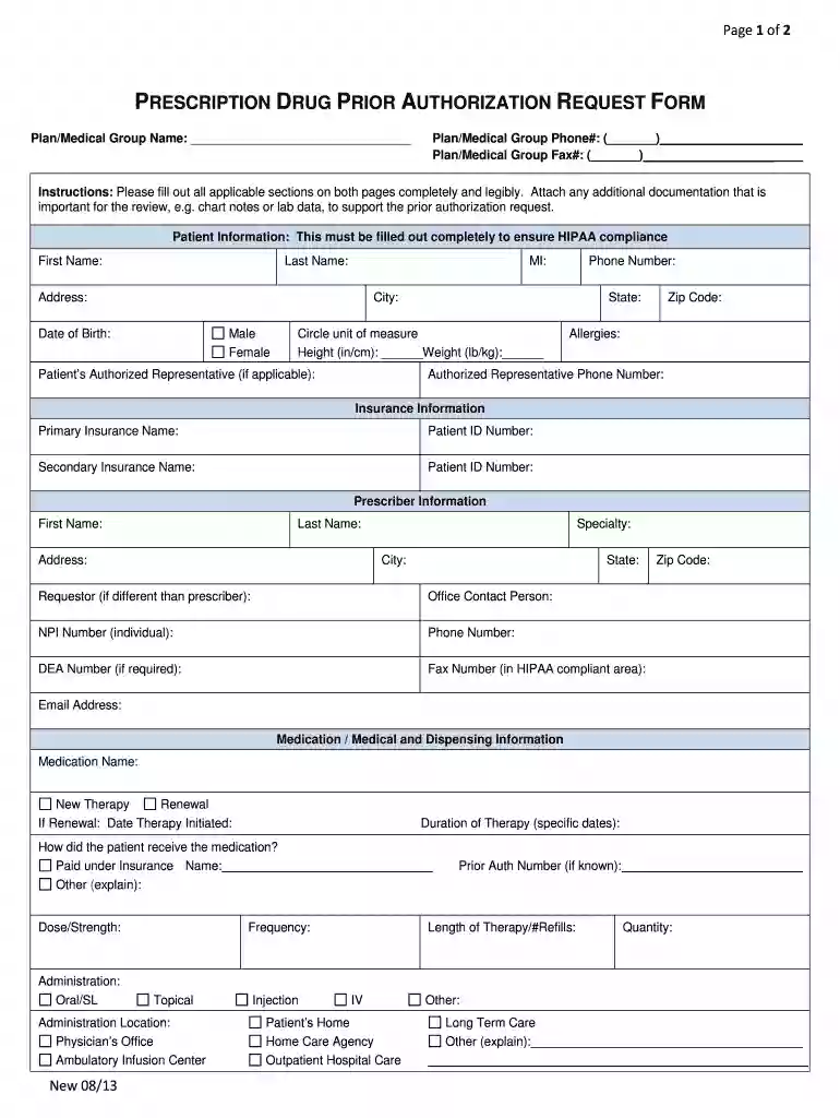 California Prescription Drug Prior Authorization Form Preview on Page 1