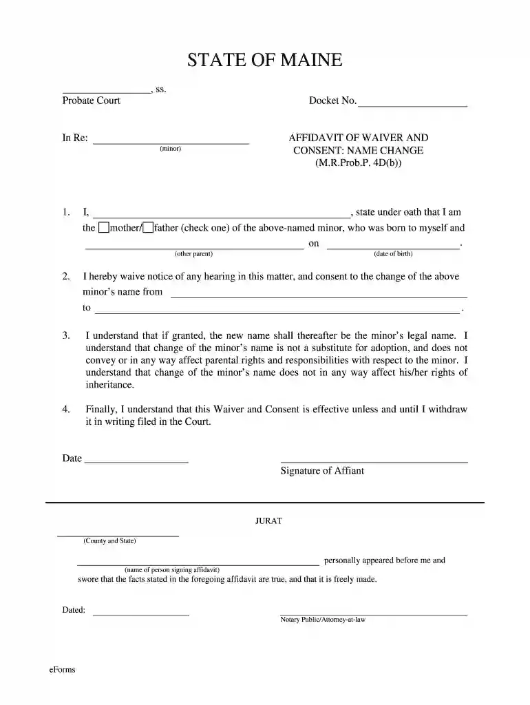 Maine Name Change Consent Waiver Preview on Page 1