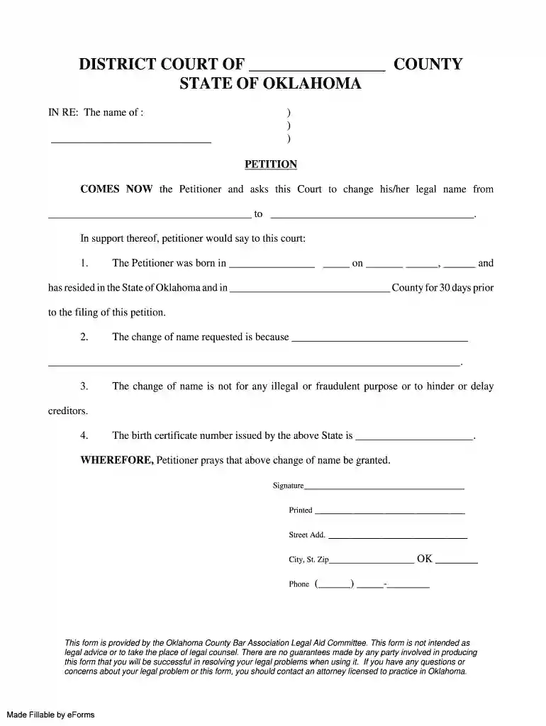 oklahoma minor name change forms Preview on Page 1