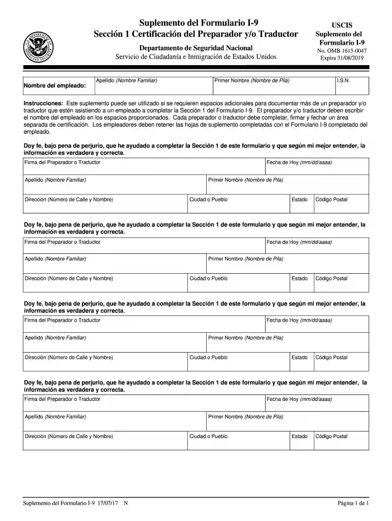 Suplemento del Formulario I-9Seccin 1 Certificacin del Preparador y o Traductor Preview on Page 1