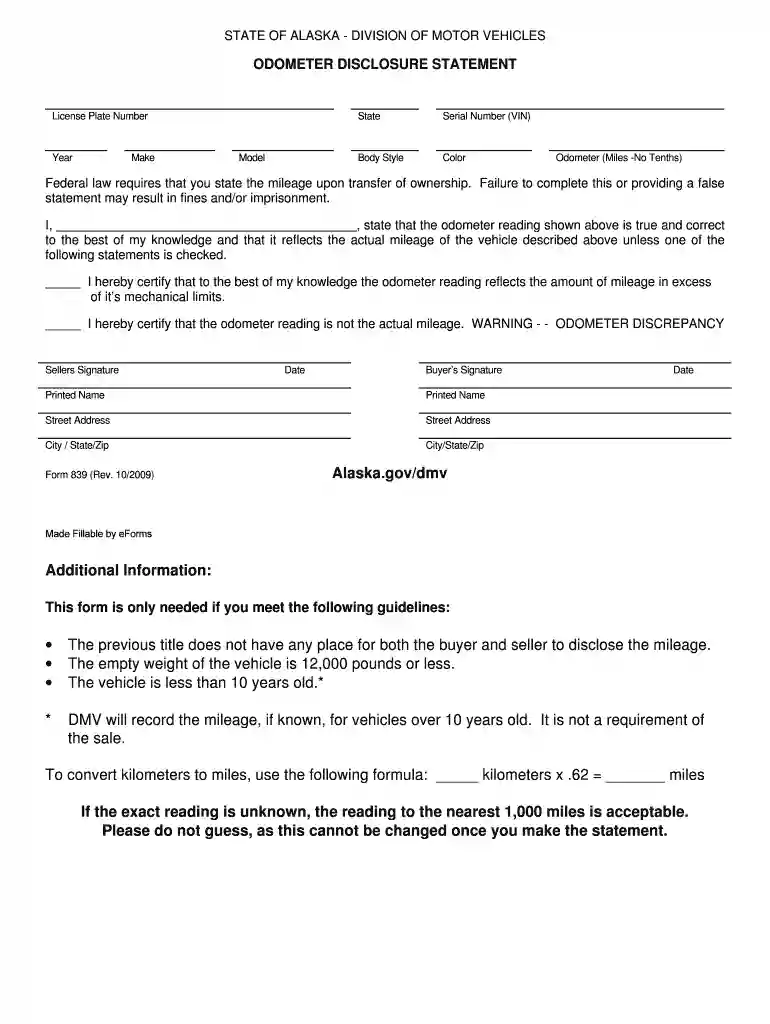 alaska odometer statement Preview on Page 1