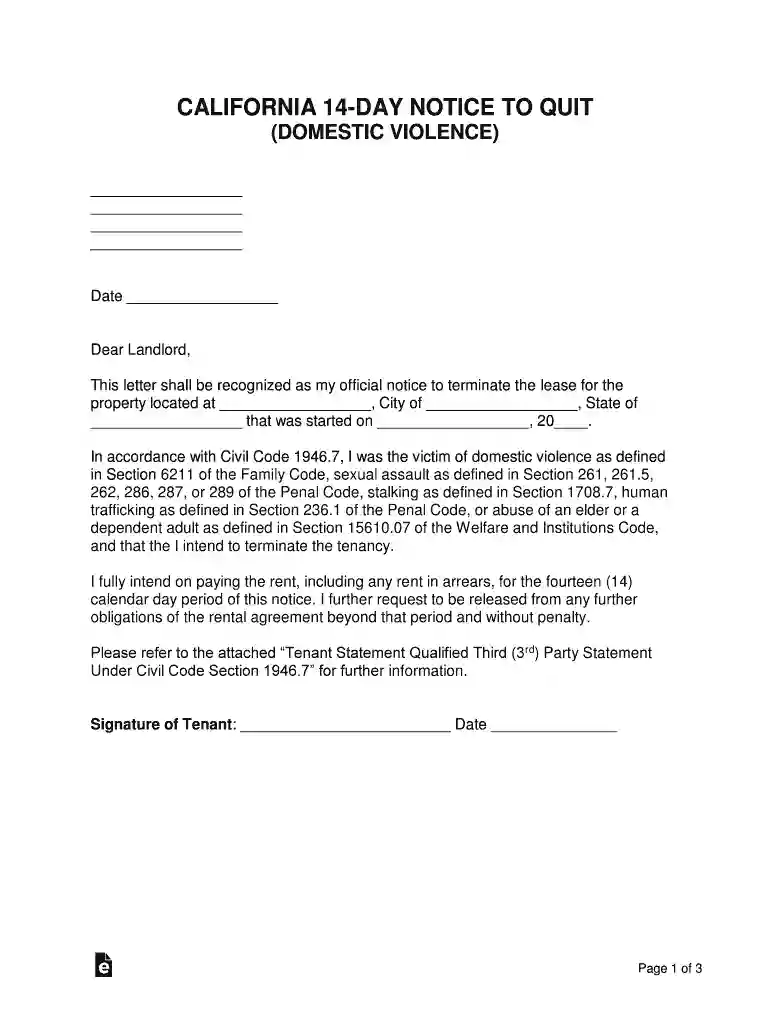 California 14-Day Notice to Quit (Domestic Violence) Preview on Page 1
