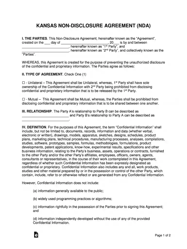 Kansas Non-Disclosure Agreement (NDA) Template Preview on Page 1
